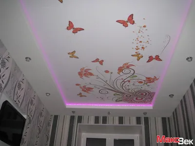 Фотопечать бабочки, двухуровневый натяжной потолок, белый цвет, детская