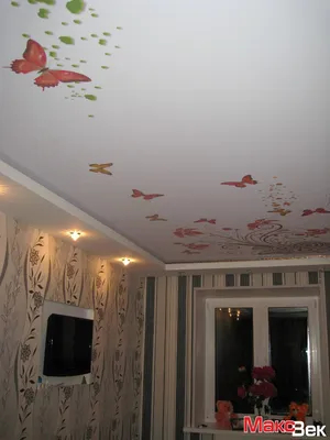 Фотопечать бабочки, двухуровневый натяжной потолок, белый цвет, детская