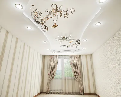 Натяжной потолок с рисунком в гостиной - 73 фото
