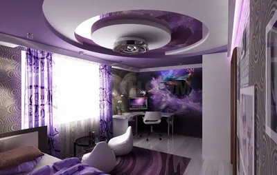 Фиолетовый потолок в интерьере - 48 фото