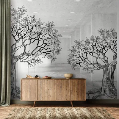 Фотообои Расширение пространство с белым коридором и нарисованными  деревьями арт. dec_17099, коллекция 3Д обои - Арт-Обои