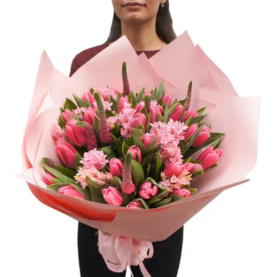 Мармелад: большой букет с тюльпанами, гиацинтами и вероникой по цене 8380 ₽  - купить в RoseMarkt с доставкой по Санкт-Петербургу