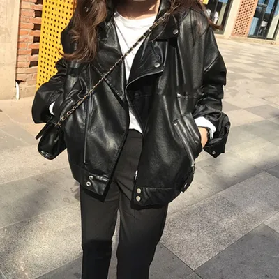 Женская уличная одежда, пальто большого размера, корейская мода, шикарная  Весенняя новая куртка из искусственной кожи, женские повседневные свободные  Мотоциклетные Куртки из искусственной кожи - купить по выгодной цене |  AliExpress