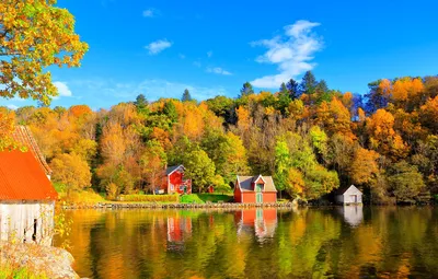 Обои осень, облака, пейзаж, природа, озеро, отражение, дерево, гора,  Норвегия картинки на рабочий стол, раздел пейзажи - скачать