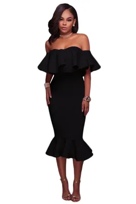 Черное бандажное платье с открывающей плечи баской и воланом внизу  арт.39010 - купить в Симферополе