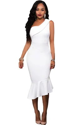 Белое платье-футляр на одно плечо с воланом внизу арт.38366 - купить в  Красноярске