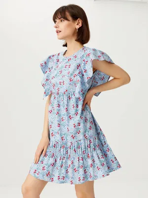 Платье с пышными рукавами-крылышками цвет: голубой принт, артикул:  1806020704 – купить в интернет-магазине sela