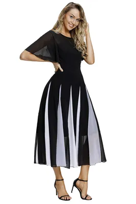 Черное шифоновое платье с рукавами-крылышками и белыми клиньями на юбке  арт.66536 - купить в Краснодаре