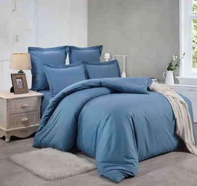 Однотонное постельное белье синего цвета - качественный сатин - 100%  натуральный хлопок - купить в Москве