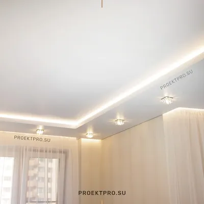 Двухуровневые натяжные потолки с установкой на кухне, в спальне, с  подсветкой