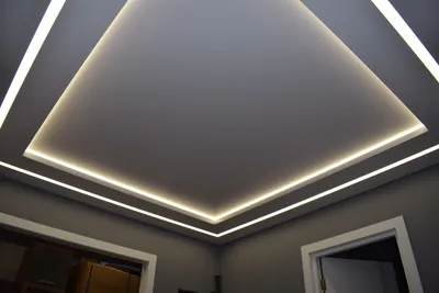 Двухуровневый натяжной потолок с подсветкой в нише и световой линией в  гостиной - компания Сфера
