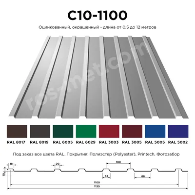 Профнастил для крыши C10 0.5х1100х2000 оцинкованный - купить в Москве, цена  от 336 ₽- Металлобаза в Москве