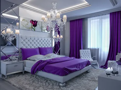 Фиолетовые шторы в спальню - 61 фото
