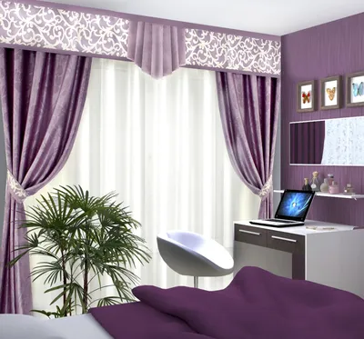Фиолетовые шторы в интерьере спальни - 67 фото