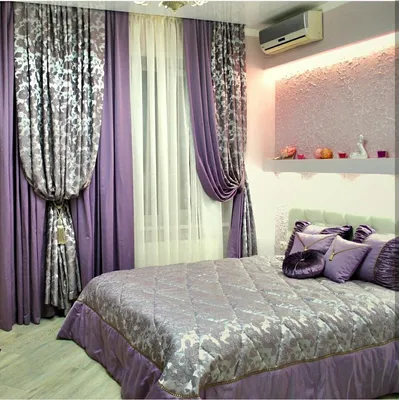 Фиолетовые шторы в интерьере спальни - 62 фото