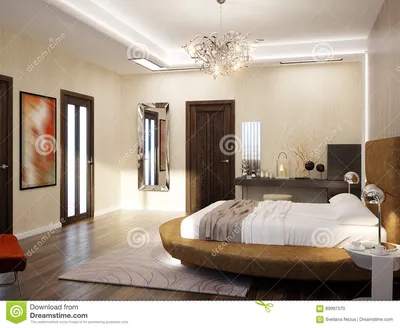 Современный дизайн интерьера спальни с круглой кроватью Иллюстрация штока -  иллюстрации насчитывающей красивейшее, внутрь: 89997570