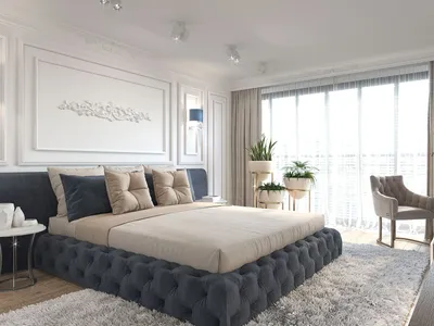 Спальная комната с синими акцентами и панорамными окнами. | Проектирование  интерьеров, Дизайн спален, Дизайн дома