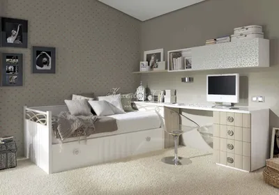Спальня - lnt/070. Модульная спальня для подростка в белых и бежевых тонах  от фабрики Lineas Taller