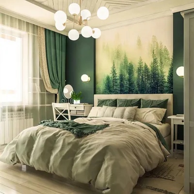 Спальня с зелеными шторами - 64 фото