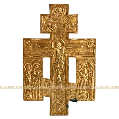 Старинный бронзовый крест Распятие Христово с предстоящими святыми,  золочение. Россия 1860-1890 год | салон Наследие Предков