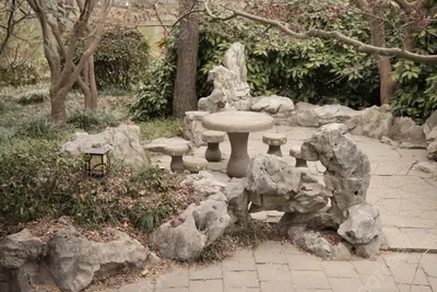 Каменные столы и скамейки в окружении деревьев в парке Фон, парк, деревья,  Каменный стол фон картинки и Фото для бесплатной загрузки