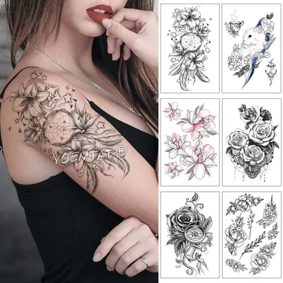 Водостойкая Временная тату-наклейка «Ловец снов» в виде лилии и розы,  черные кружевные звезды, большой тату на руку, боди-арт, искусственная  татуировка для женщин - купить по выгодной цене | AliExpress
