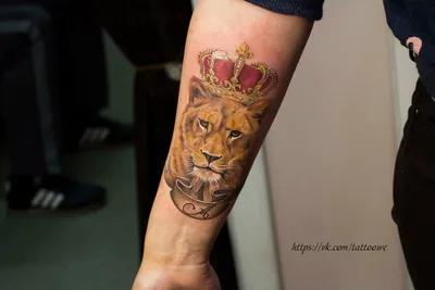 Татуировка на предплечье у парня - лев с короной — KissMyTattoo.ru