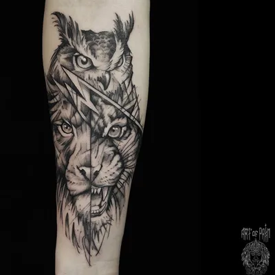 Сова, тигр и лев в одном рисунке, тату на предплечье - фото татуировок