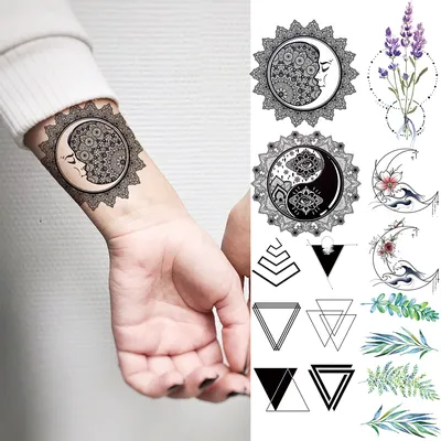 Временные татуировки на запястье для мужчин и женщин, 3D татуировки черная  луна, тотем, треугольные листья лаванды, наклейки для имитации татуировок,  боди-арт, одноразовые татуировки - купить по выгодной цене | AliExpress