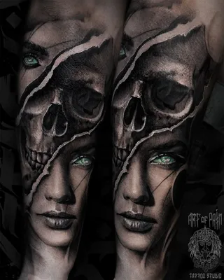 Татуировка мужская black\u0026grey на предплечье зеленоглазая девушка и череп -  мастер Слава Tech Lunatic | Art of Pain