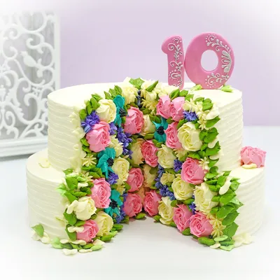 Свадебный торт \"Цветы в разрезе\" на 10 лет оловянной свадьбы заказать с  доставкой в СПБ