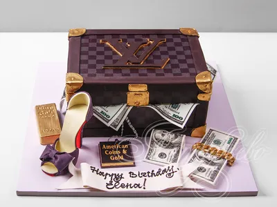 Торт Louis Vuitton с деньгами и туфелькой 04023322 стоимостью 11 100 рублей  - торты на заказ ПРЕМИУМ-класса от КП «Алтуфьево»