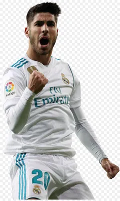 Марко Асенсио позирует, уперев руки в бедра, на синем фоне в футболке «Реал  Мадрид». 2K загрузка обоев