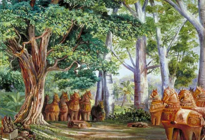 Марианна Норт - Африканские баобабы, тамаринд, бог Айянар и две его жены,  1878, 36×25 см: Описание произведения | Артхив