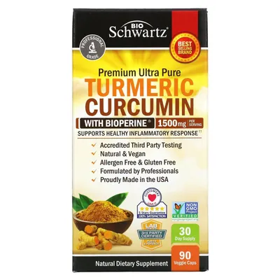 Премиум чистый куркумин с биоперином, Premium Ultra Pure Turmeric Curcumin  with Bioperine, BioSchwartz, 1500 мг, 90 вегетарианских капсул купить в  Украине — Dobavki.ua