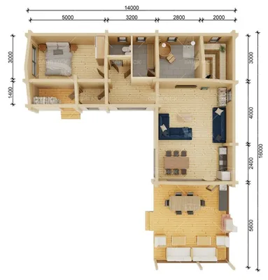 Финская угловая баня 14Х16 с панорамным остеклением и спальней -  строительство одноэтажной бани 16 на 14 с террасой и комнатой отдыха под  ключ