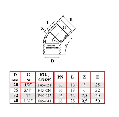 Углы ПВХ соединение клеевое 45 градусов однорезьбовое д.20-1/2\" вн.р. PN16