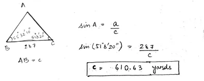 For the following question a book of table is required.To get the distance  of a point A from a point B, a line BC and the angles ABC and BCA are  measured,