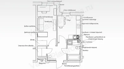 Планировка однокомнатной квартиры 32 кв м: кухня, комната, ванна