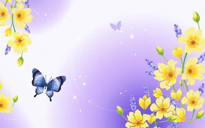 Изображение цветов и бабочек на фиолетовом фоне - обои на рабочий стол