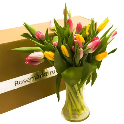 Разноцветные тюльпаны + ваза, 25 цветов в коробке по цене 3425 ₽ - купить в  RoseMarkt с доставкой по Санкт-Петербургу