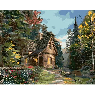 Картина по номерам Strateg ПРЕМИУМ Уютный домик в лесу с лаком и уровнем  размером 40х50 см VA-0453 купить в Украине, по цене от производителя Strateg