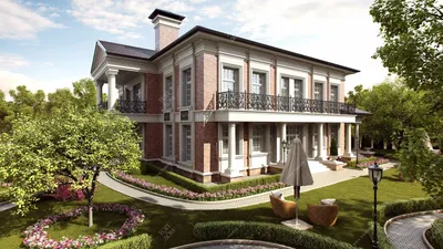 Красивый двухэтажный дом с балконом – проект кирпичного классического дома  с балконами по периметру фасада