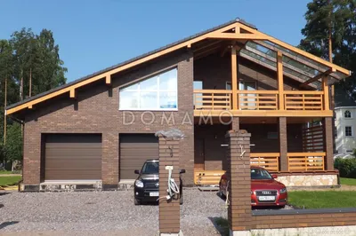 Проект дома из кирпича с экономичной двускатной крышей и навесом для  автомобиля D1799 | Каталог проектов Домамо