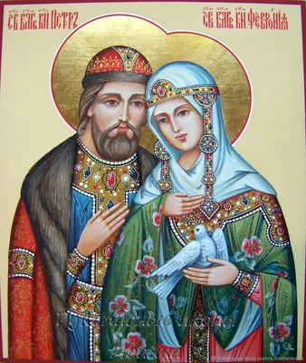Купить рукописную икону Святых Петра и Февронии Муромских на лодке. Икона  на липовой доске.