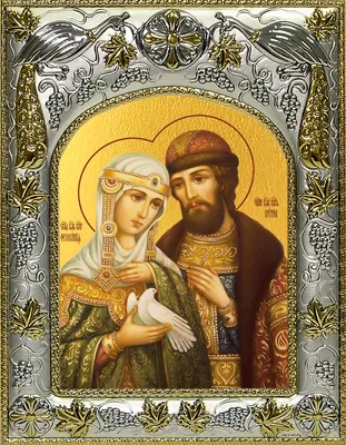 Купить икону Петра и Февронии Муромских. Афонская икона под старину с  мощевиком.