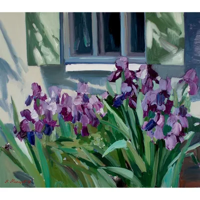 Купить картину Фиолетовые ирисы у окна в саду в Москве от художника Макаров  Антон