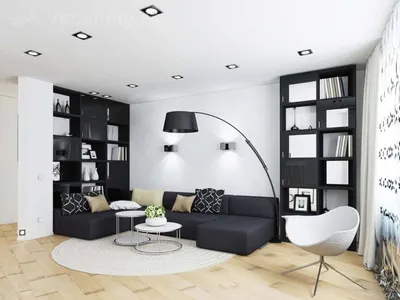 Черно-белая гостиная: оформление дизайна интерьера в помещении, фото  примеров