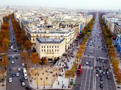 Фото париже Франция Елисейские Поля Осень Улица Дороги Дома Города