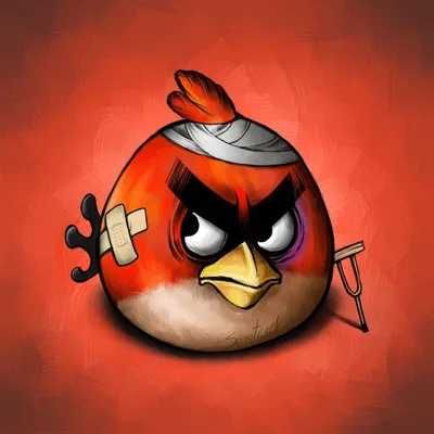 Красная птичка Angry bird с пластырями и костылём | Картинка на аву